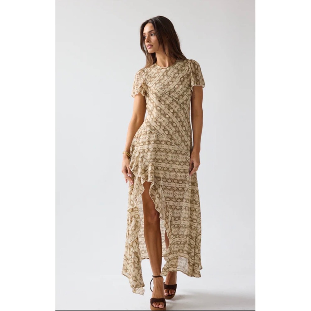 Bohme sz L Baevely AnimalPrint Ruffle Tiered Slit Maxi Dress Exotic Wild Evening